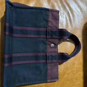 HERMES Fourre Tout PM Hand Bag Canvas Brown Navy Auth gh344